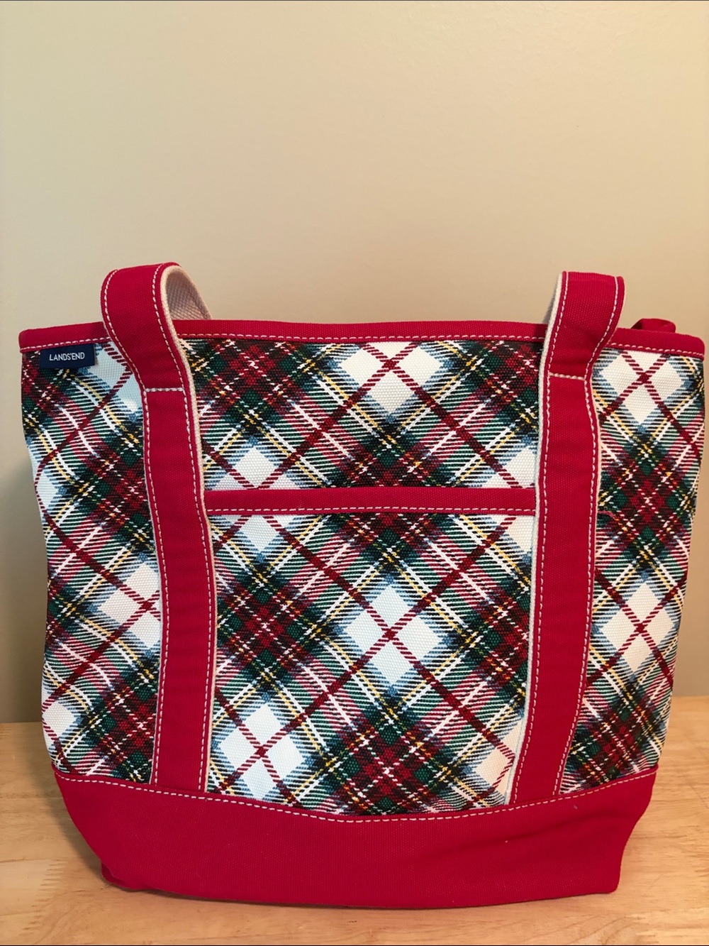 Lands' End Red Green Plaid Canvas Tote